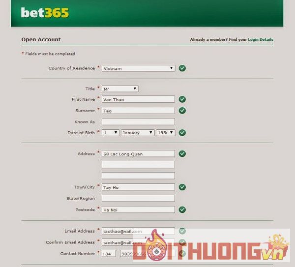 Điền đầy đủ thông tin vào form hướng dẫn đăng ký Bet365